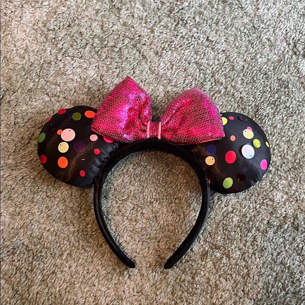 Disney Black Polka Dot Minnie Ears Headband with Pink Bow